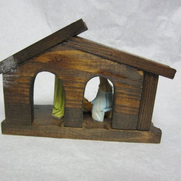 VTG 70'S SMALL WOOD & PLASTIC NATIVITY SCENE, SOLID WOOD CRECHE - Picture 3 of 7